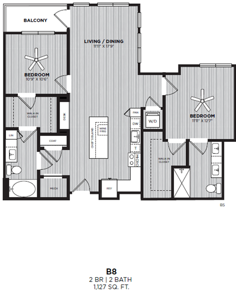 A black and white image of a floor plan for a two bedroom, two bathroom apartment.